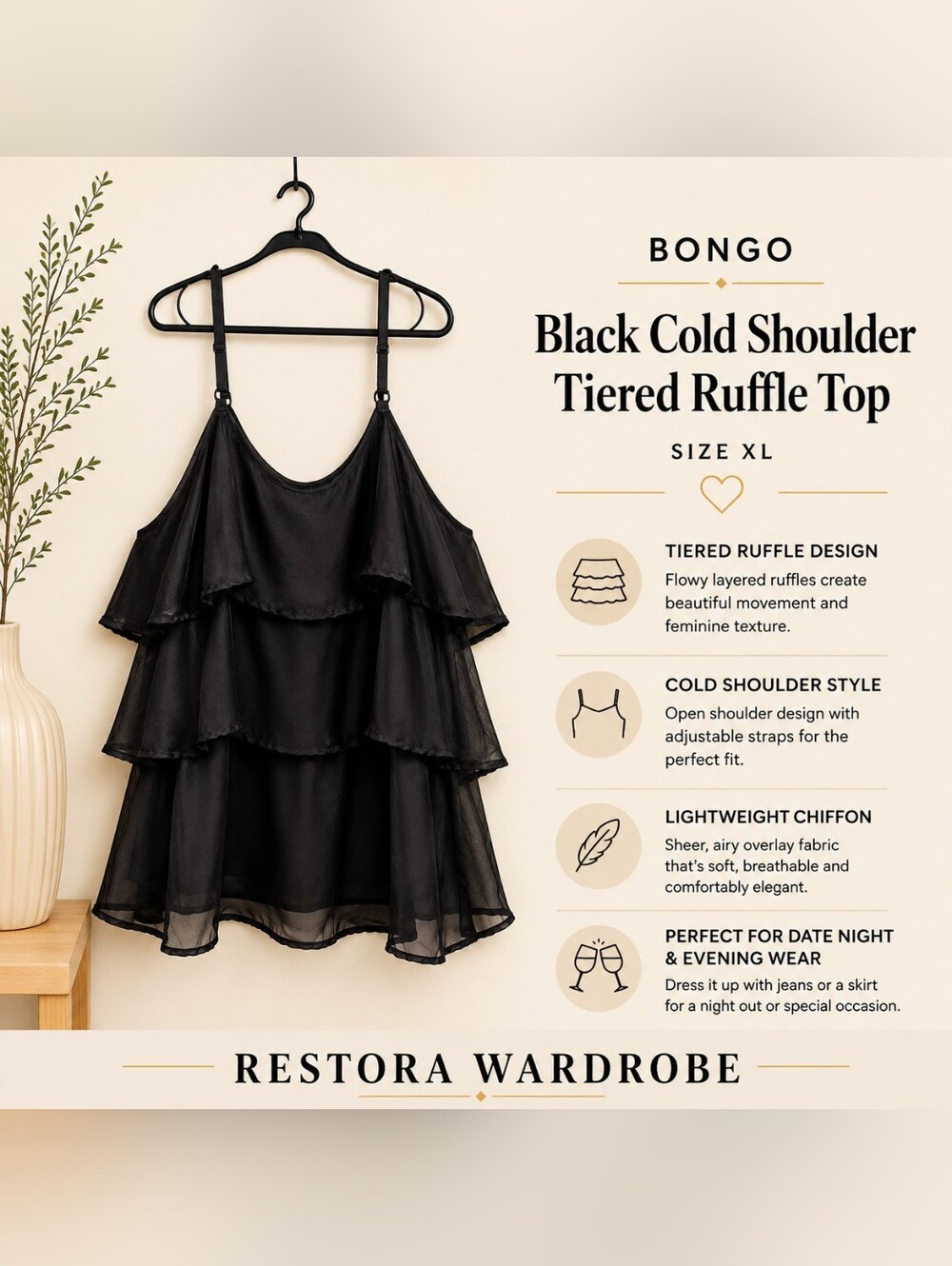 Bongo Black Layered Chiffon Cami Tank Top XL Sheer Ruffle Flowy